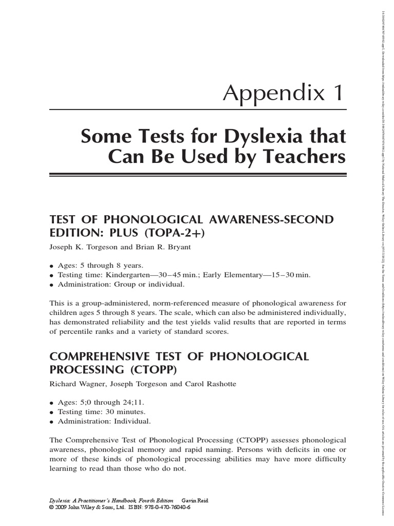 Dyslexia 2009 reid appendix 1 some tests for dyslexia that can be