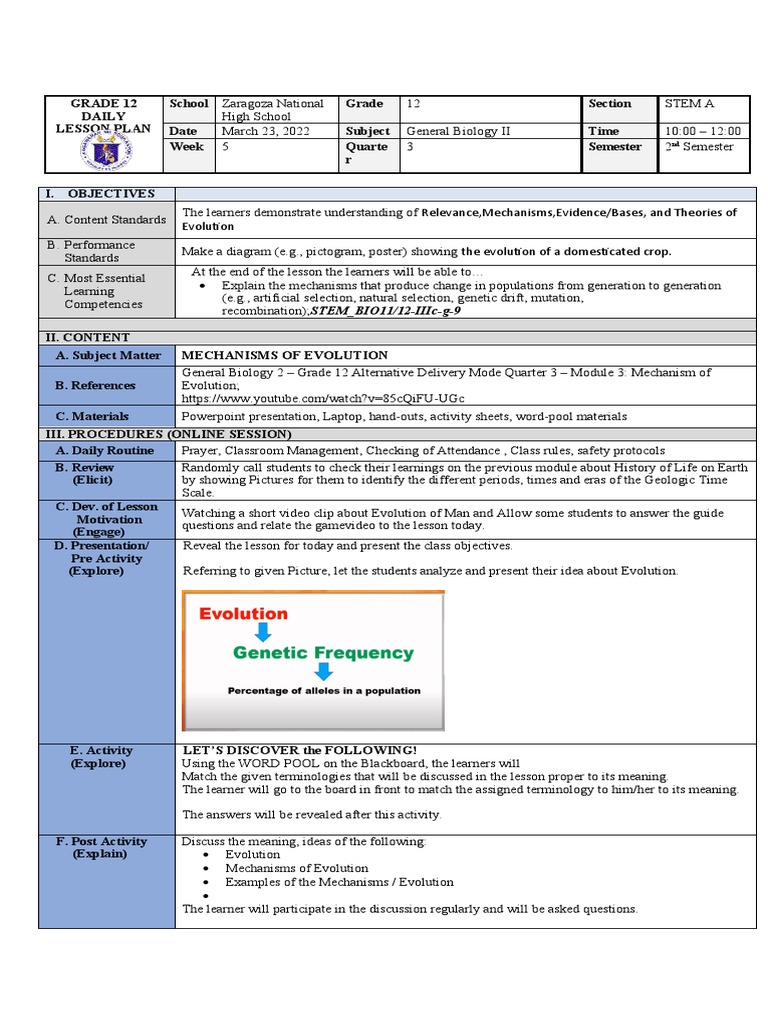 Mechanisms of Evolution Lesson Plan | PDF | Rubric (Academic) | Learning