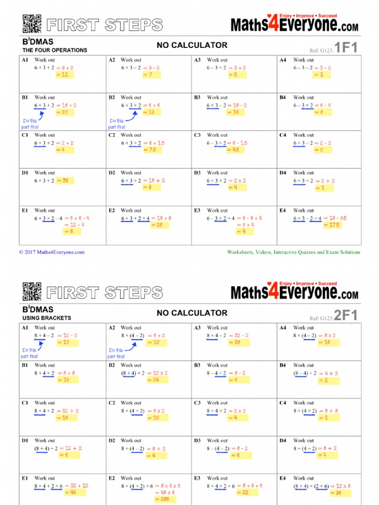 BIDMAS Worksheet Ans PDF