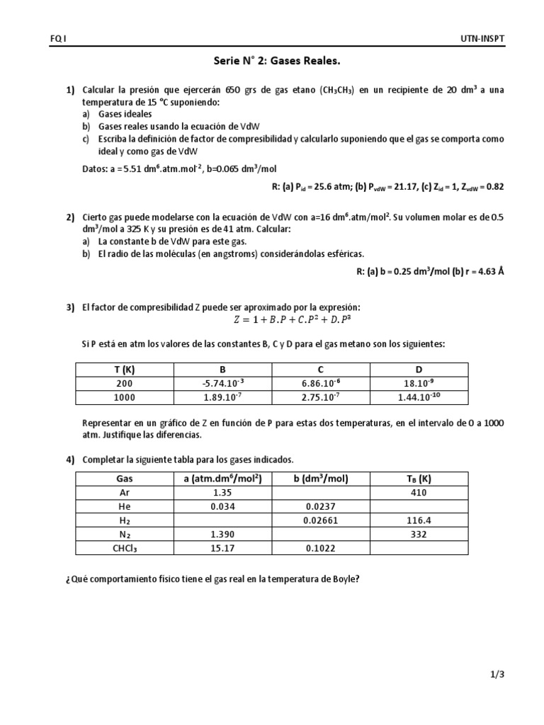 Cálculo de Presiones y Comportamiento de Gases Reales | PDF | Gases ...