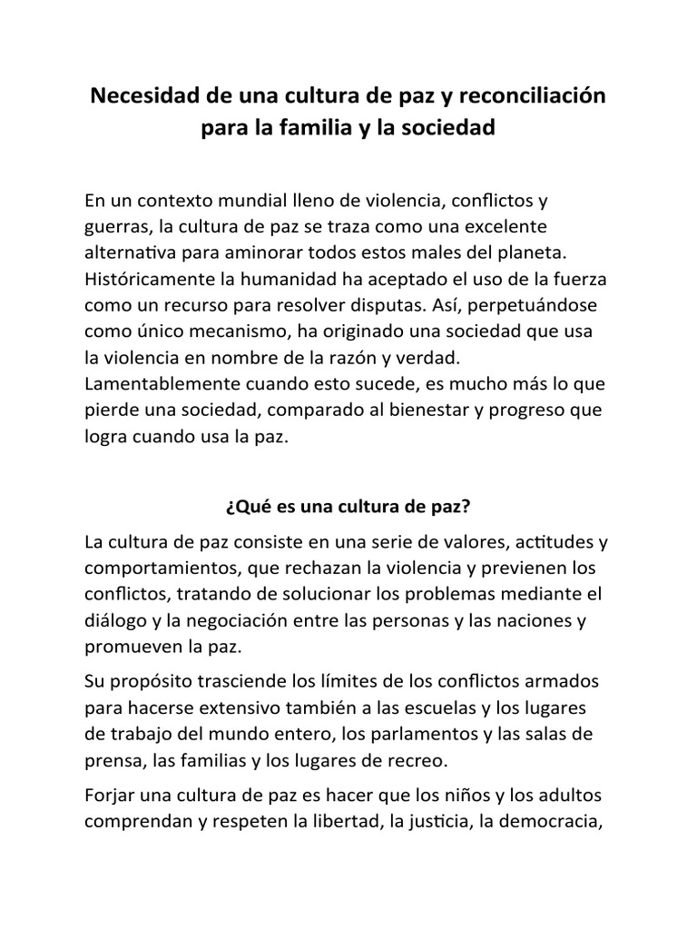 Cultura de Paz: Clave para Familias y Sociedad | PDF | Paz | Familia