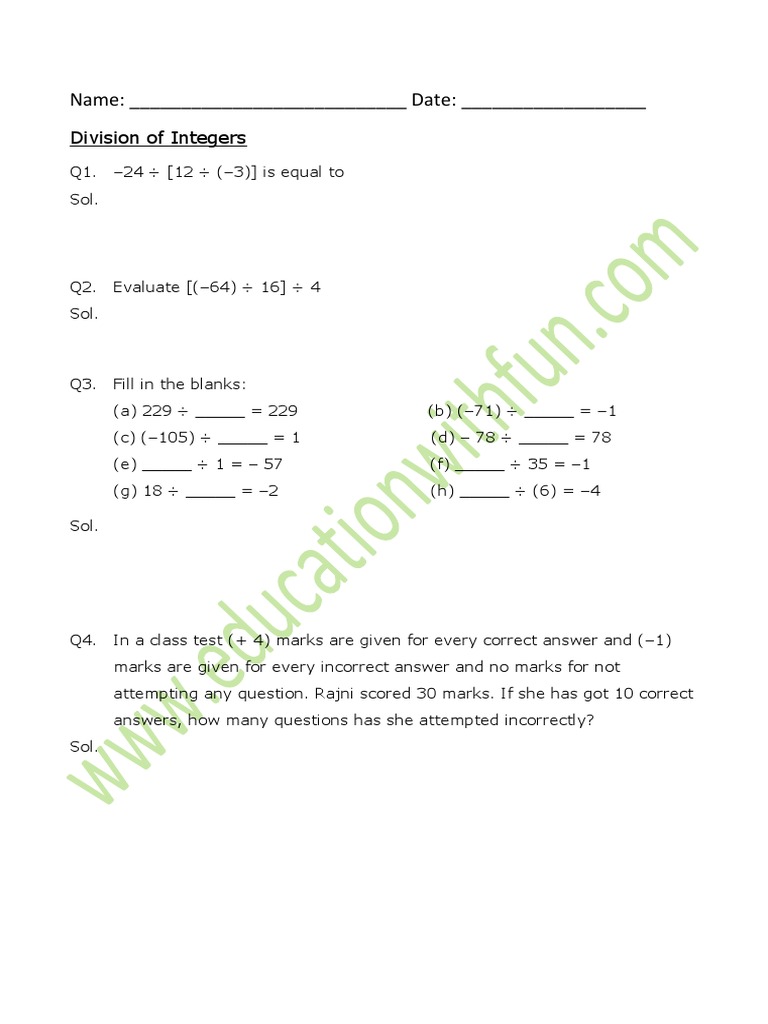 Division of Integers Worksheet 1 | PDF