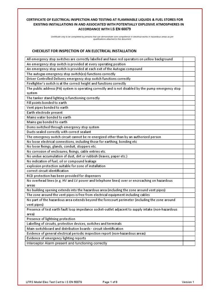 Electrical Inspection Certificate for Hazards | PDF | Electrical Wiring ...