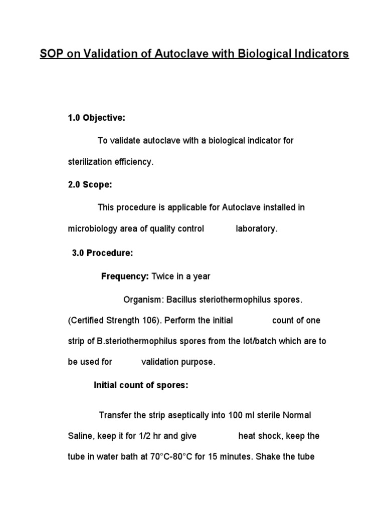 SOP On Validation of Autoclave With Biological Indicators PDF