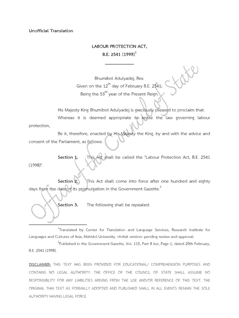 Labour Protection Act B.E. 2541 PDF Employment Overtime