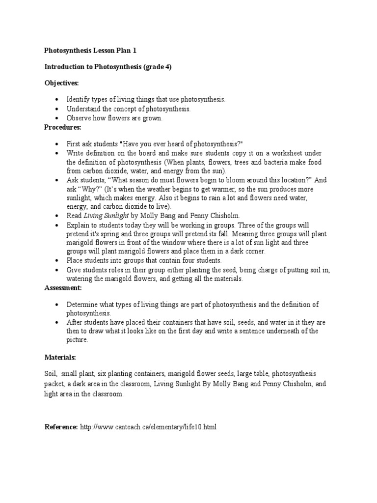 Grade 4 Photosynthesis Lesson Plan | PDF | Photosynthesis | Plants
