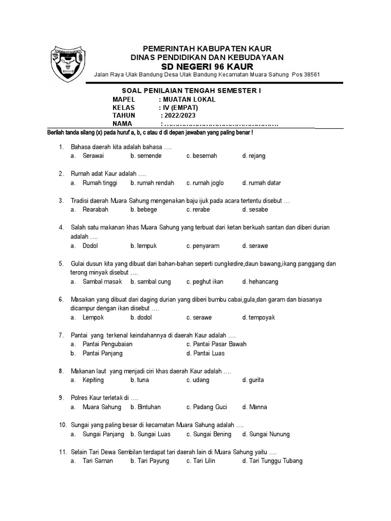 Soal Uts Mulok Kelas 4 Sem 1 2022 2023 Pdf