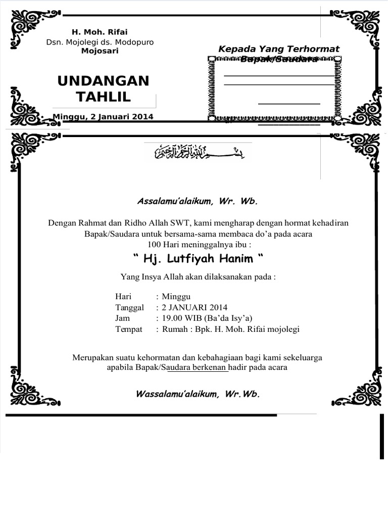Dokumen - Tips - Contoh Undangan Tahlilan 40 Hari Meninggalnya | PDF