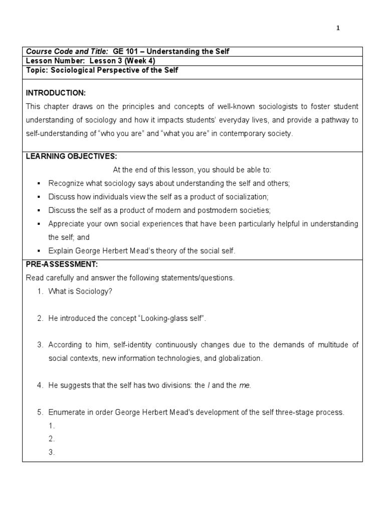 Lesson 3 Week 4 Sociological Perspective of The Self by Sir CSD | PDF ...