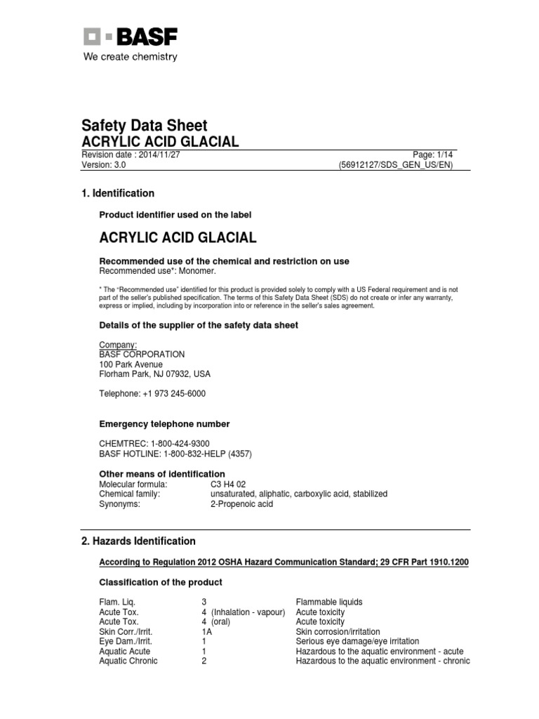 Acrylic Acid Glacial MSDS PDF Toxicity Radical (Chemistry)