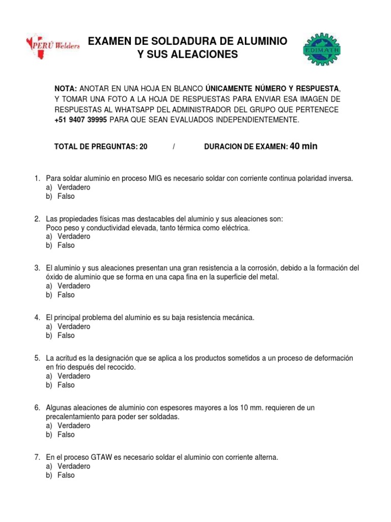 Examen de Soldadura de Aluminio y Sus Aleaciones | PDF | Aluminio ...