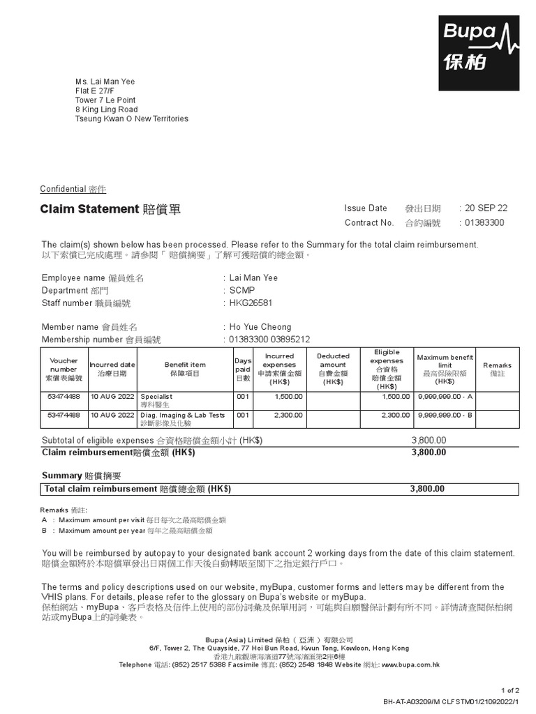 Bupa Claim Statement for Lai Man Yee | PDF
