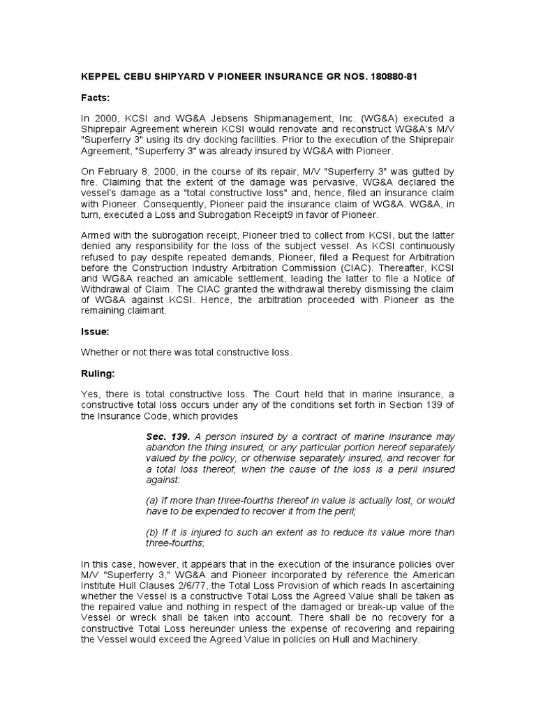 Keppel Cebu Shipyard V Pioneer Insurance PDF Insurance Business Law