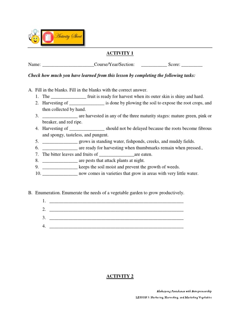 3activity LESSON 3 Nurturing Harvesting and Marketing Vegetables PDF