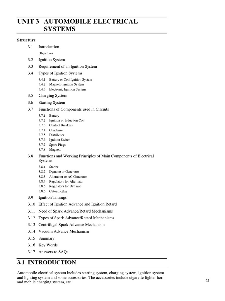 Automobile Electrical Systems Overview | PDF | Ignition System ...