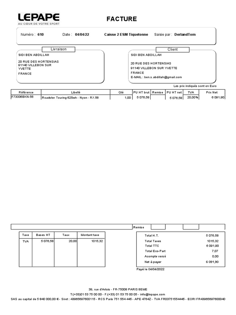 Facture D achat V lo lectrique PDF Sodles Paiements