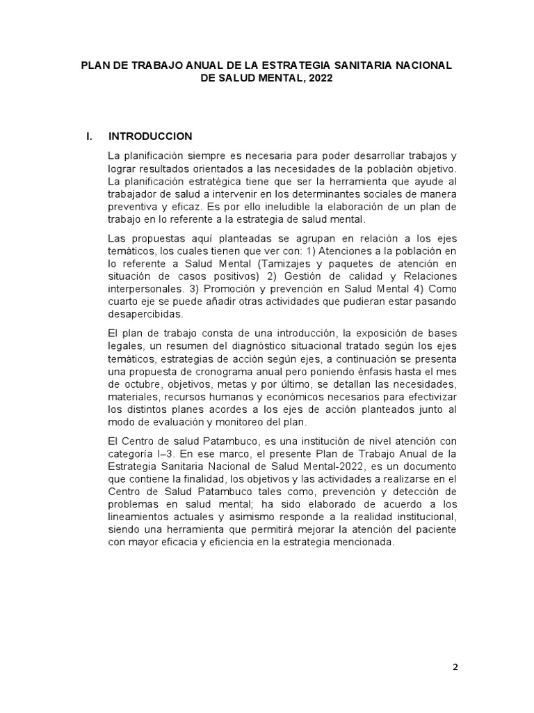 Plan Anual de Salud Mental 2022 | PDF | Salud mental | Planificación ...