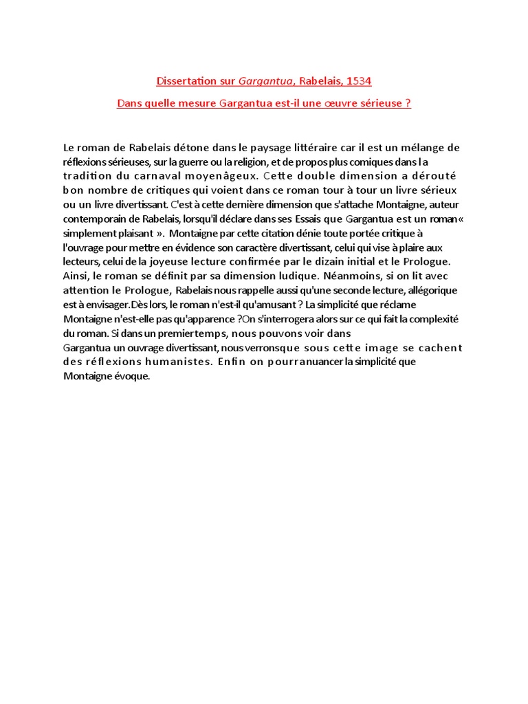 Sujet Dissert Gargantua Dissertation Sur Gargantua | PDF