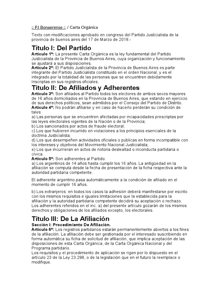 Carta Organica Del Partido Justicialista Descargar gratis PDF
