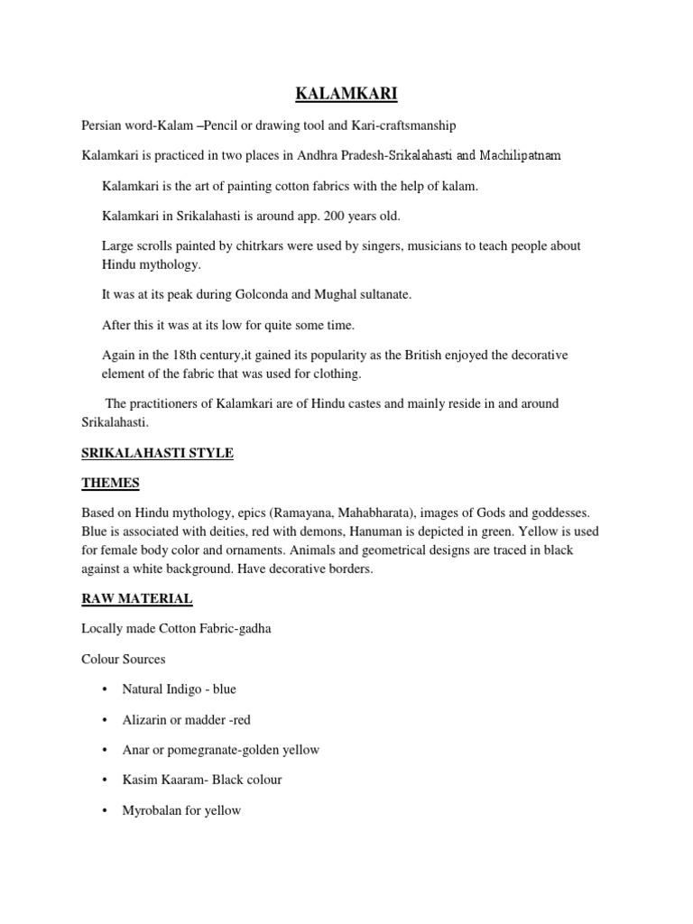 Handouts of Kalamkari, Batik and Bandhani | PDF | Textiles