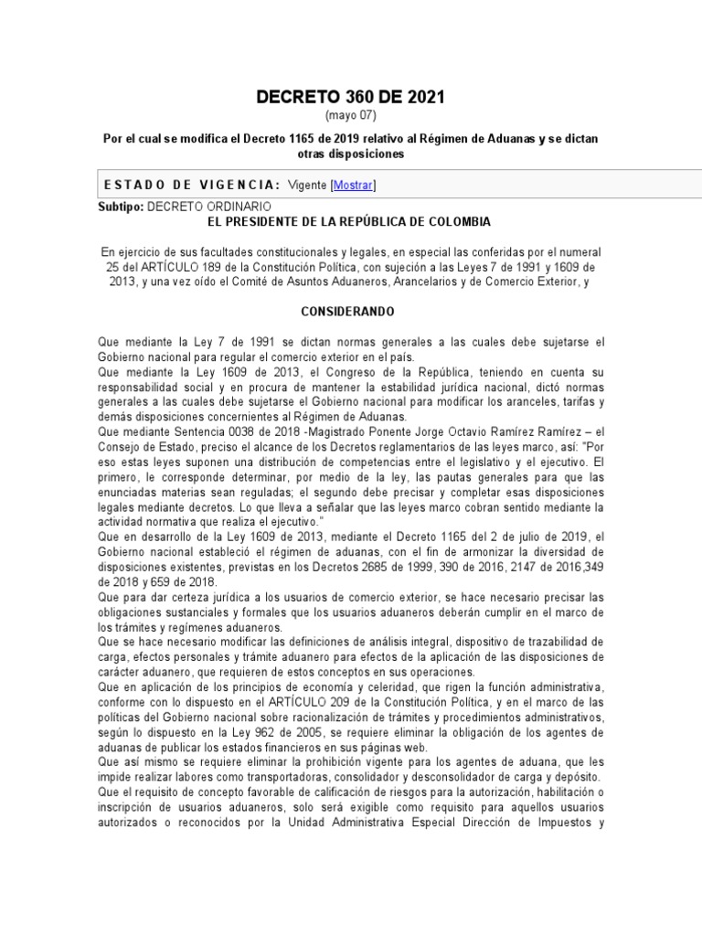 Decreto 360 de 2021 | PDF | aduana | El comercio internacional