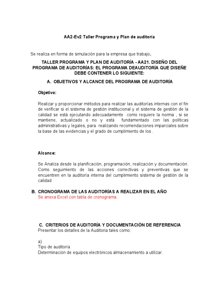 Taller Programa y Plan de Auditoría | PDF | Auditoría | Contralor