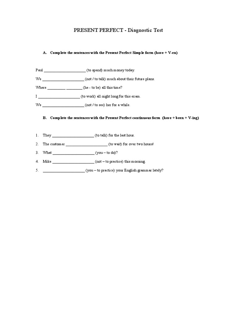 2-Present Perfect Diagnostic Test | PDF
