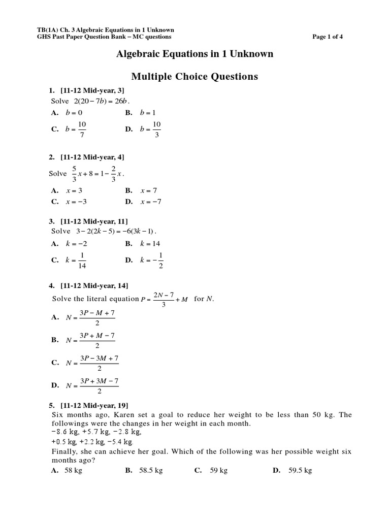 (11-16) 1A-Ch.3-Algebraic Equations in 1 Unknown - MC | PDF | Equations ...
