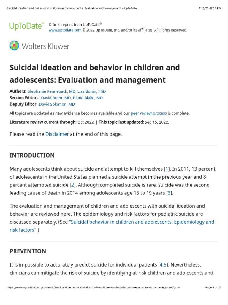 Suicidal Ideation and Behavior in Children and Adolescents: Evaluation ...