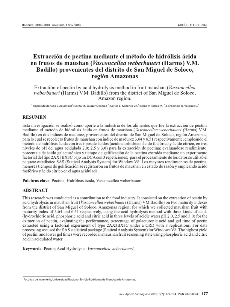 Extracción y análisis de pectina del fruto maushan mediante hidrólisis