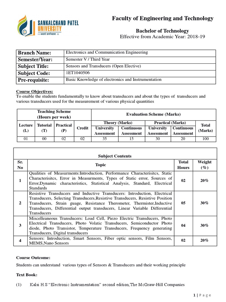 1ET1040506 Sensors and Transducers Open Elective PDF Sensor
