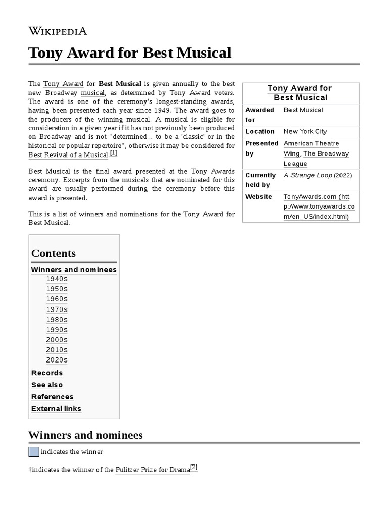 Tony Award For Best Musical PDF Musical Theatre Theatre Award Winners