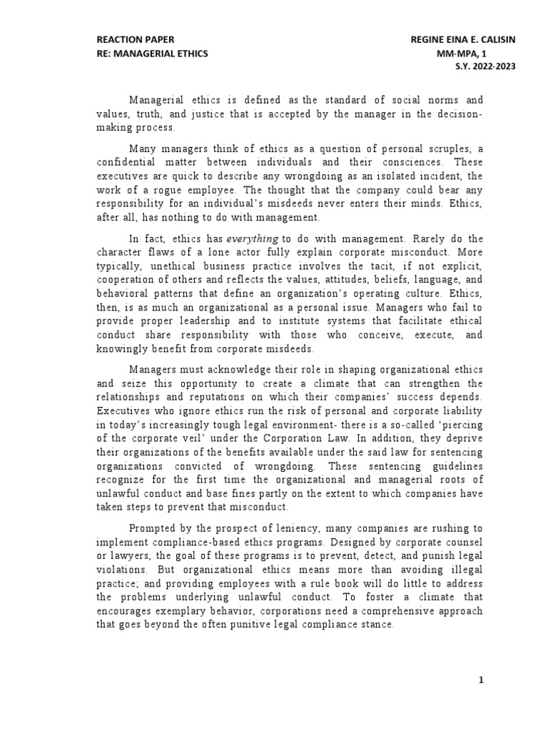 Managerial Ethics | PDF | Integrity | Regulatory Compliance