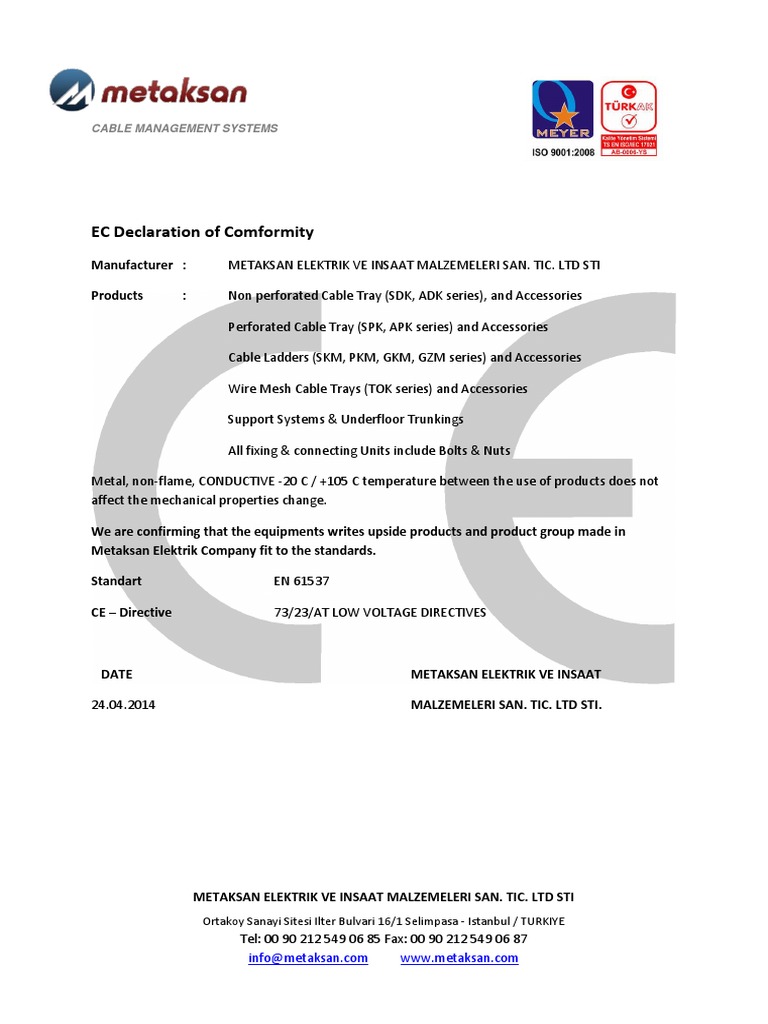 EC Declaration for Cable Management Systems | PDF