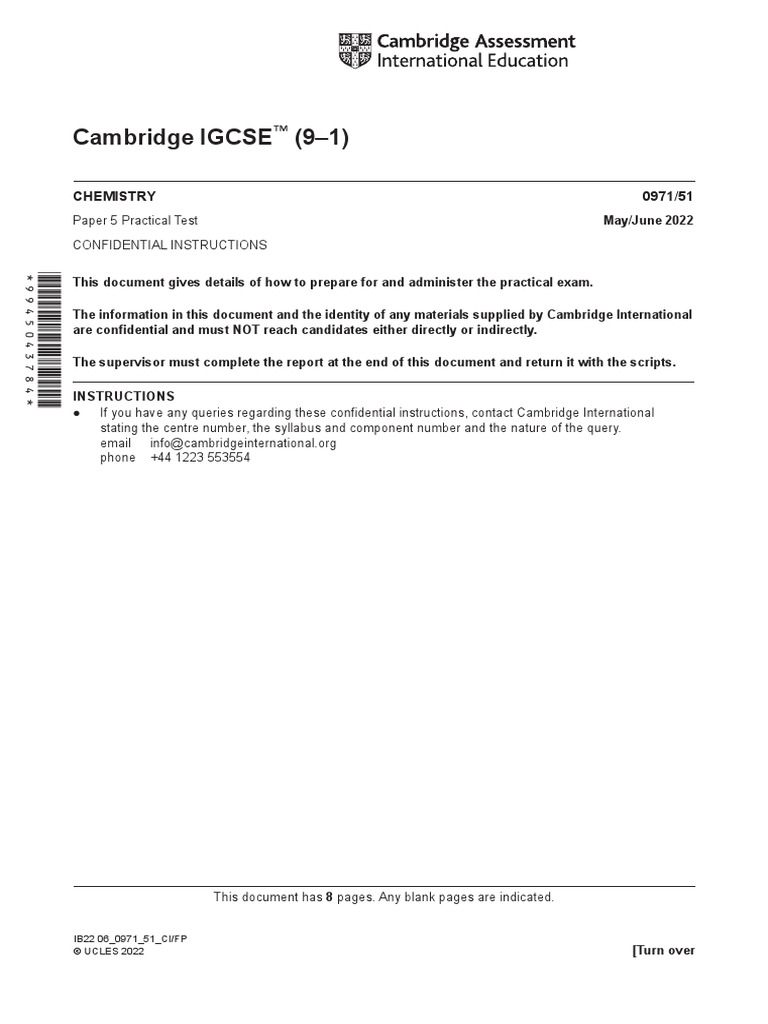 Cambridge IGCSE (9-1) : CHEMISTRY 0971/51 | PDF | Acid | Test (Assessment)