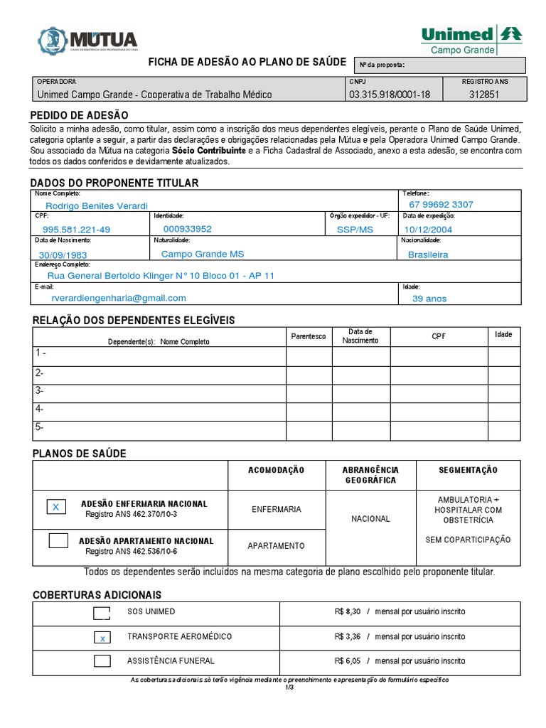 Ficha de Adesão ao Plano Unimed | PDF