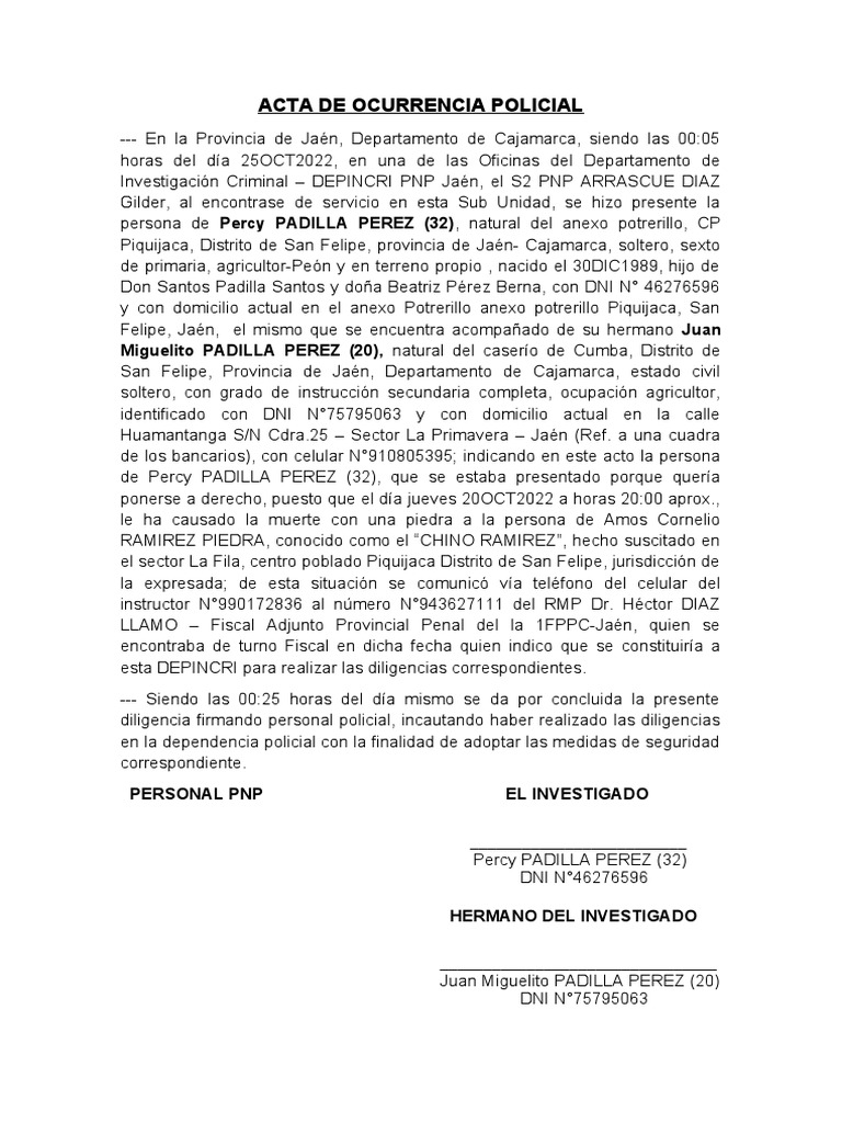 Acta de Ocurrencia | PDF | Justicia | Crimen y violencia