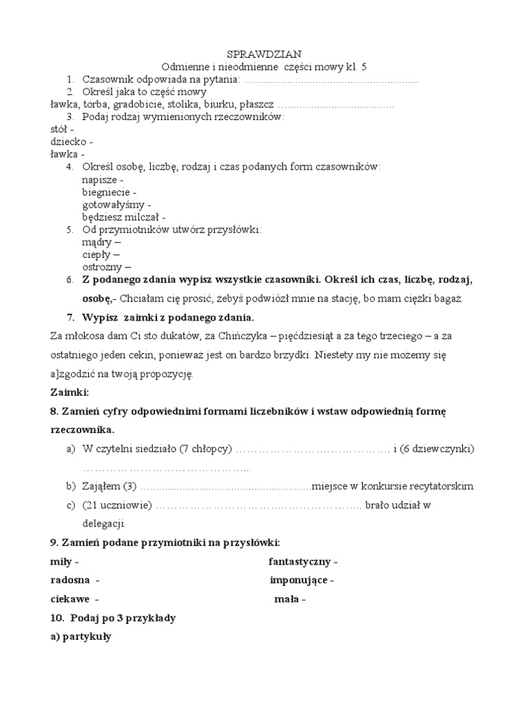 Nieodmienne Części Mowy Sprawdzian Gimnazjum SPRAWDZIAN Z Odmiennych I Nieodmiennych CZESCI MOWY KL. 5 | PDF