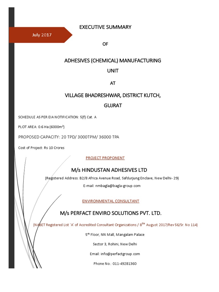 Hindustan Adhesives Limited Kutche11 Exe Summ Eng PDF Water Waste