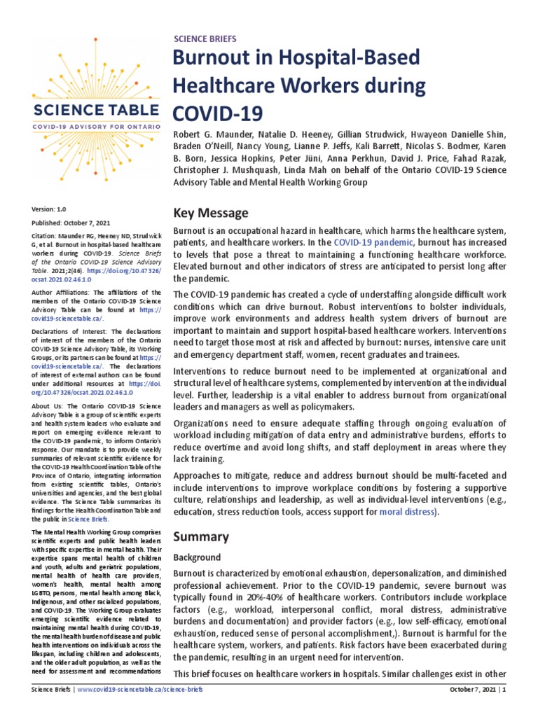 Burnout in Hospital Based Healthcare Workers During COVID 19 ...