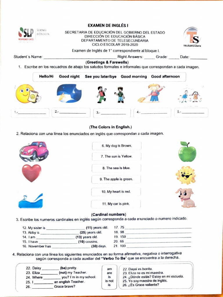 Examen de Ingles 1o. Primer Trimestre PDF