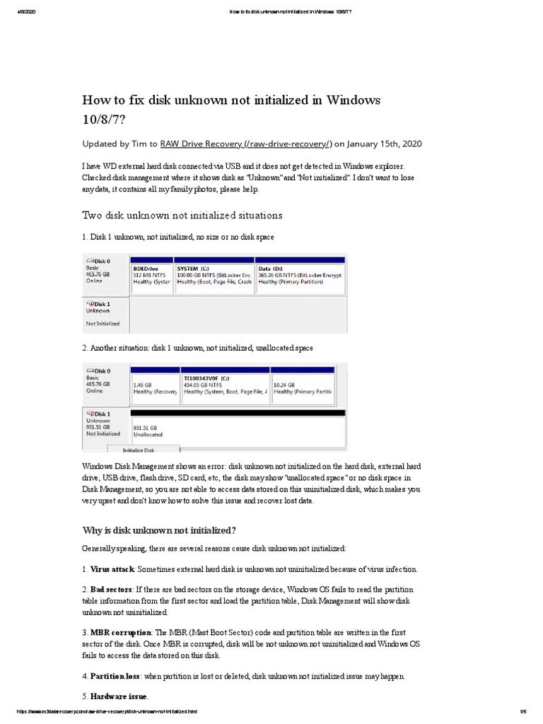 How To Fix Disk Unknown Not Initialized in Windows 10 8 7 PDF Hard Disk Drive Computer