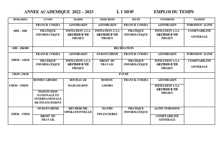 Emploi Du Temps L1 Mop PDF
