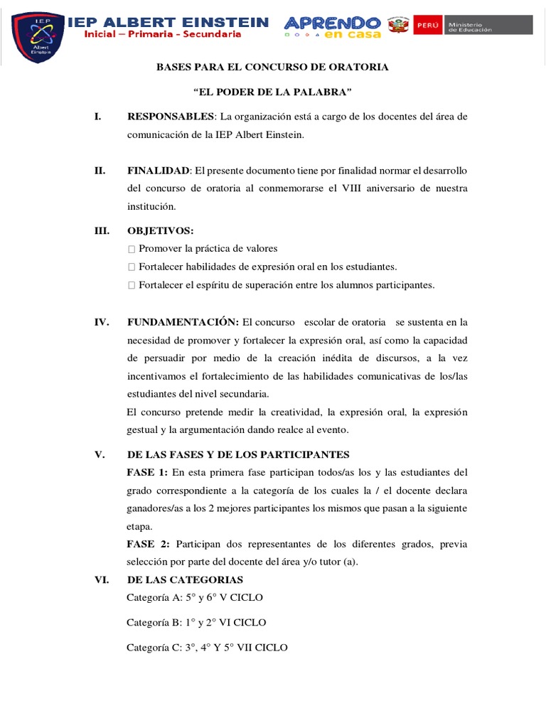 Bases del Concurso de Oratoria Escolar | PDF | Crecimiento personal y ...
