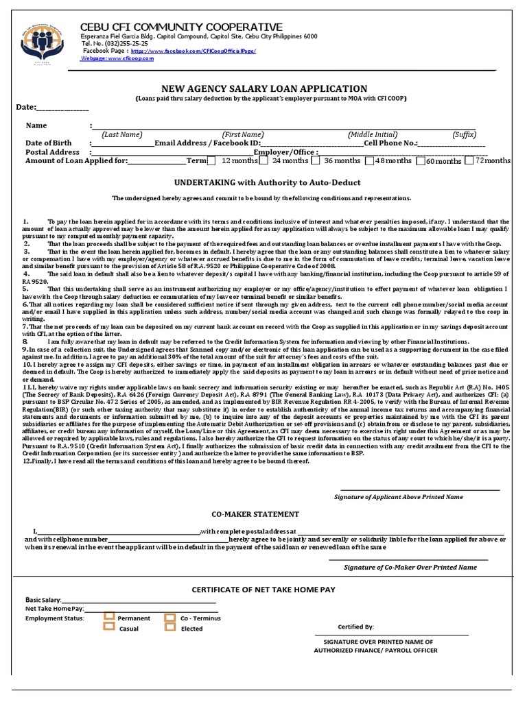 CFI Community Cooperative Salary Loan Application | PDF | Loans | Interest
