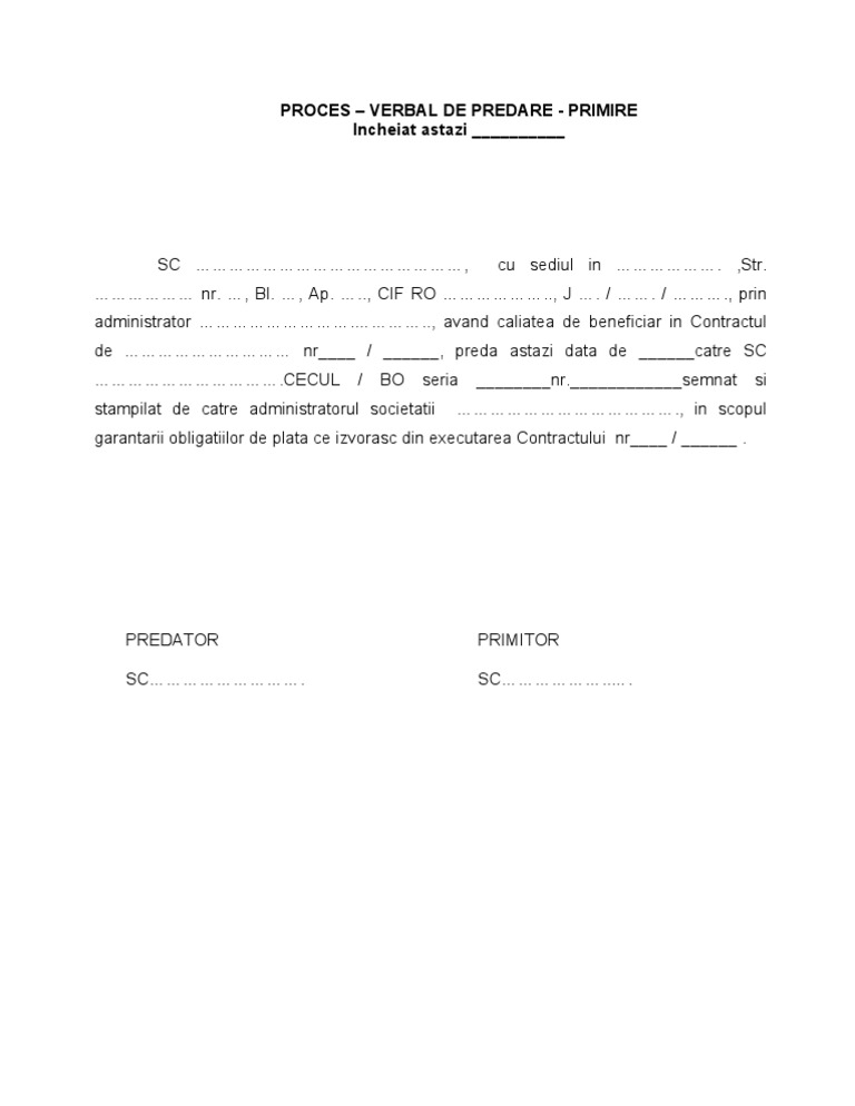 Proces Verbal De Predare Primire Cec Bilet La Ordin