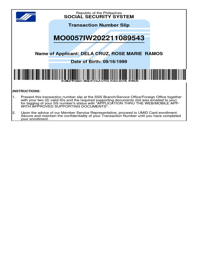 Transaction Number Slip for SSS Application | PDF | Finance & Money ...
