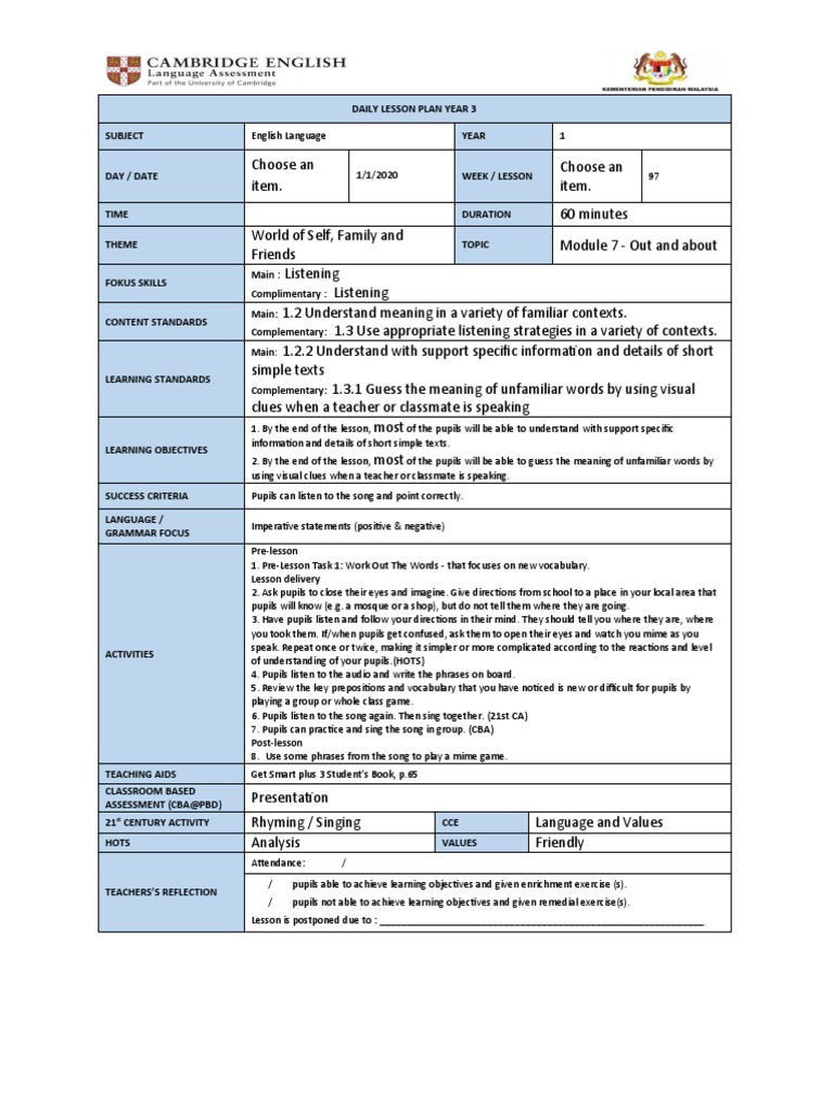 Year 3 English Lesson Plan: Module 7 | PDF | Lesson Plan | Teachers