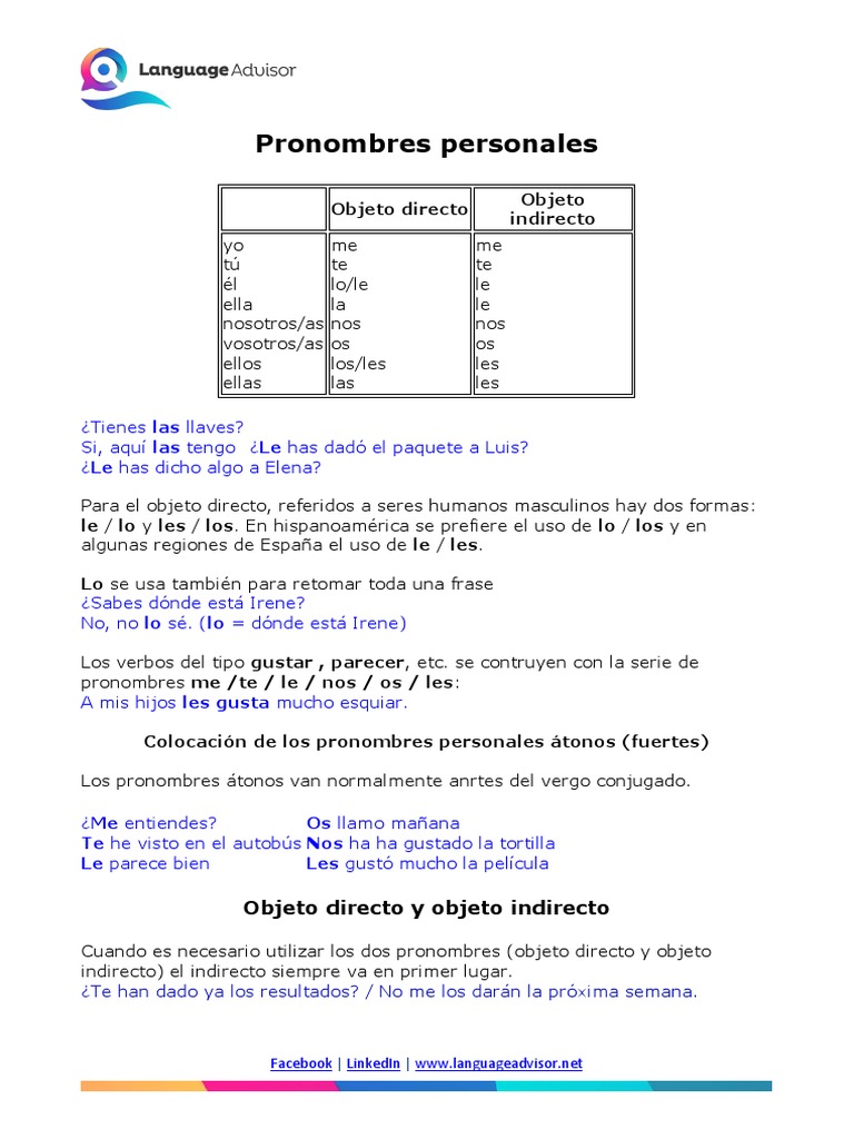 Pronombres Personales y Verbos Pronominales | PDF | Objeto (gramática ...
