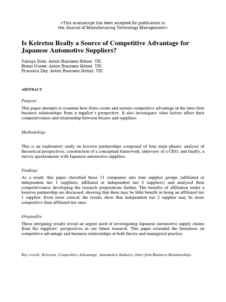Keiretsu Competitive Advantage For Japanese Automotive Suppliers PDF Supply Chain